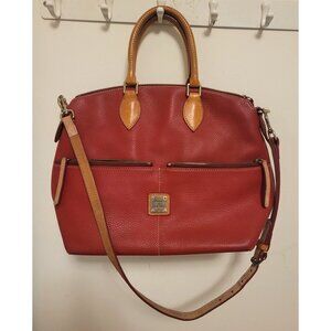 Dooney & Bourke Red Leather Satchel Handbag Tan Trim 2 handle & Shoulder Strap